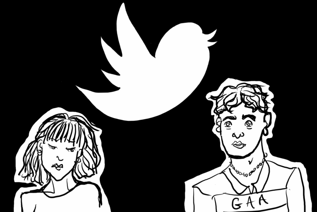 A quick sketch of Connell and Marianne from Normal People. He is a handsome man in a GAA jersey which I have simply labelled "GAA" and he is wearing the iconic gold necklace of his actor, Paul Mescal. Marianne sadly looking down, with her hair in a messy bob with a fringe. Between them is the Twitter logo of old.