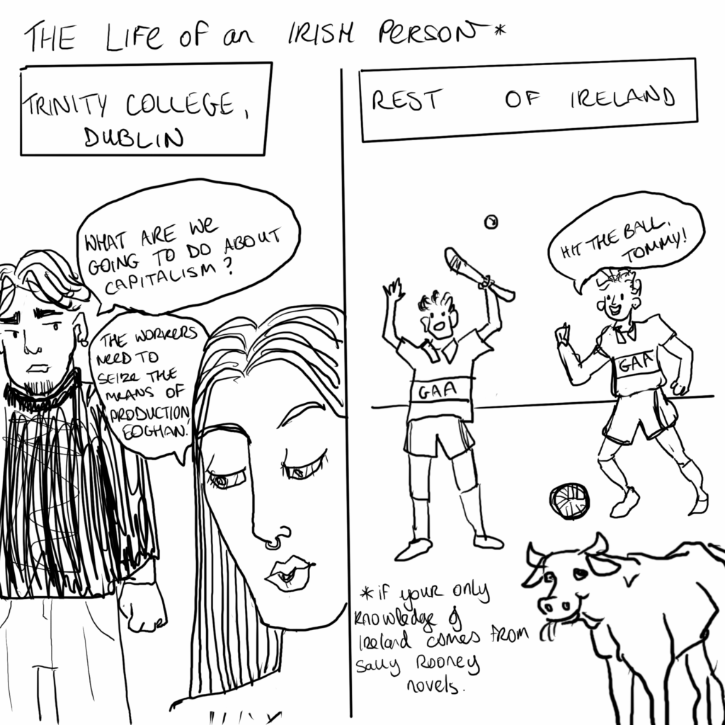 A depiction of Trinity College on the left. A male student in a turtleneck asks “what are we going to do about capitalism?” A woman with long hair and a nose ring answers “the workers need to seize the means of production, Eighan.” In the rural scene, two men in GAA outfits play hurling and football. One says to the other “hit the ball, Tommy!” A cow smiles blithely in the foreground. The heading is “the life of an Irish person *” at the bottom is written “*if your only knowledge of Ireland comes from Sally Rooney books”