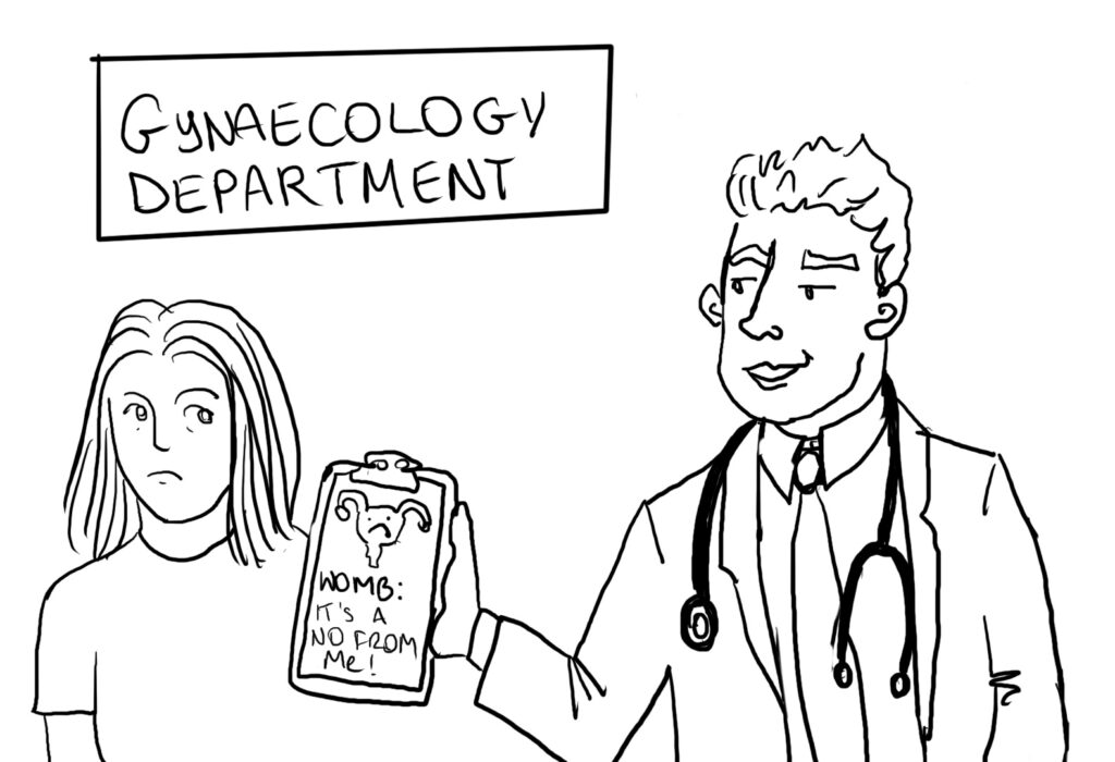 A young woman looks nervously at a cocky looking doctor who is waving a chat that has a drawing of the female reproductive system, followed by the words “womb: it’s a no from me”
