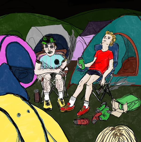 In a campsite at night, a man in a cannabis-leaf hat with huge pupils sits on a camp chair, smoking and talking. He wears a Bohs Fontaines DC jersey. Beside him, on another camp chair, a guy with a can of beer stares at the sky, also smoking. At their feet are crushed cans. A woman's bleached head is in the foreground.