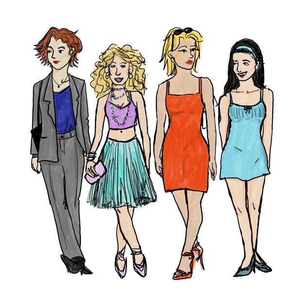 A depiction of Miranda, Carrie, Samantha and Charlotte from the show Sex and the City. Miranda has short red hair, wears a grey suit with a deep blue shirt. Carrie has unruly blonde curls, wears a small pink top with some grey beads as a necklace, a small pink clutch, pink ballet slippers and a tea-length turquoise tulle skirt. Samantha wears her short straight blonde hair with a pair of sunglasses perched on her head, a bright red dress with red heels. Charlotte wears a blue alice band over her long dark hair and a short blue dress with a small decorative bow. They are walking toward the camera in the style classic to SATC.