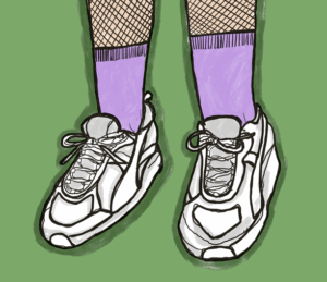 A drawing of a pair of feet wearing white runners, lavender socks and fishnet tights, on a forest green background