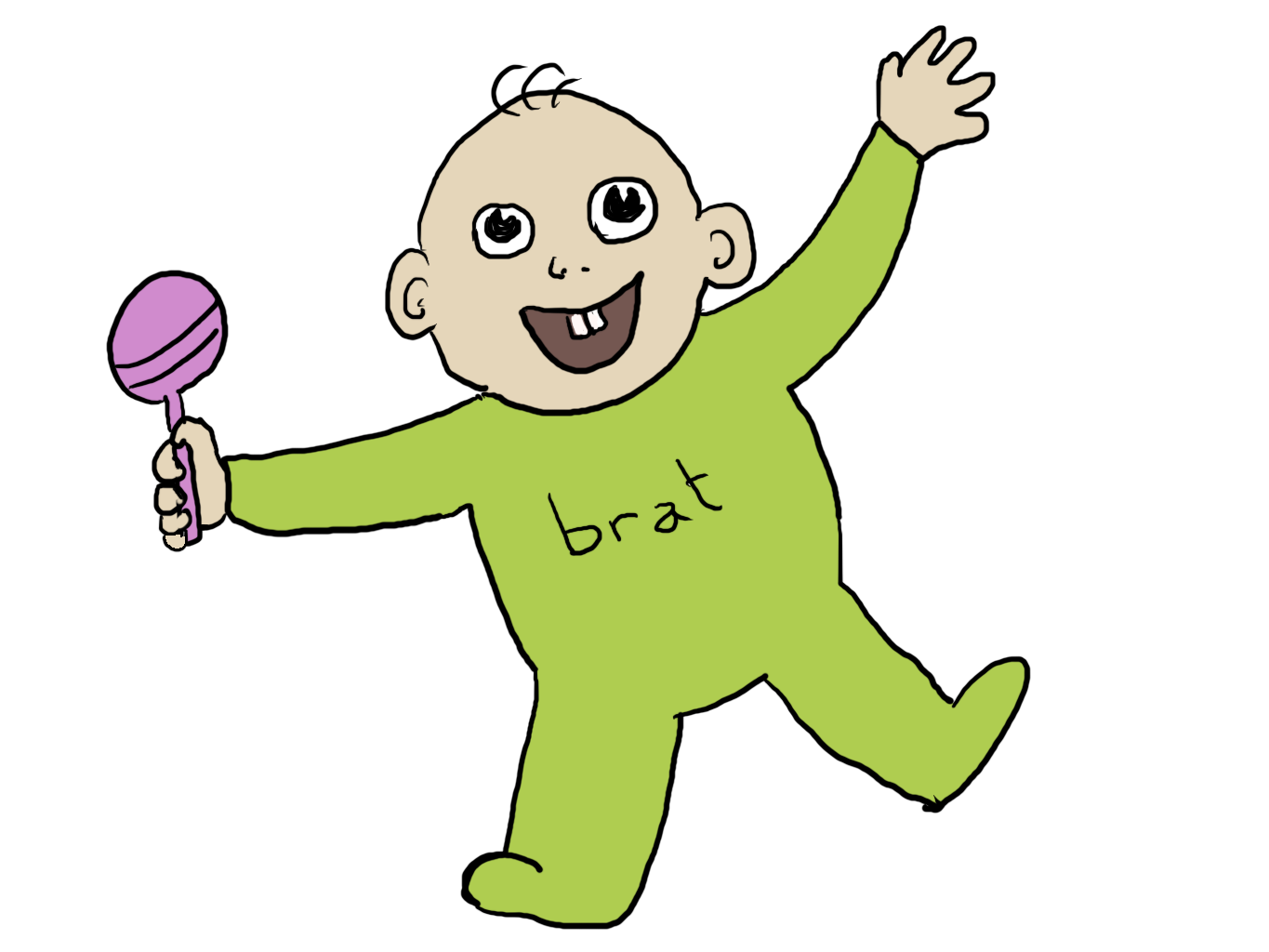 A baby in a green babygro that has "brat" written on it. Baby holds a pink rattle