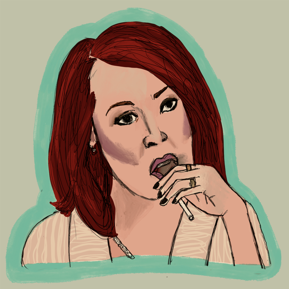 A drawing of medium Allison DuBois, a woman with dyed red hair, tilting her head and vaping.