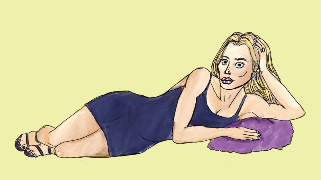 A generic Real Housewives woman, with defined features suggestive of cosmetic procedures and a very toned, slender body, with blonde hair, blue eyes and tanned skin, lounges on a purple pillow, wearing a dark blue dress and heels, with a diamond wedding ring and diamond earrings,