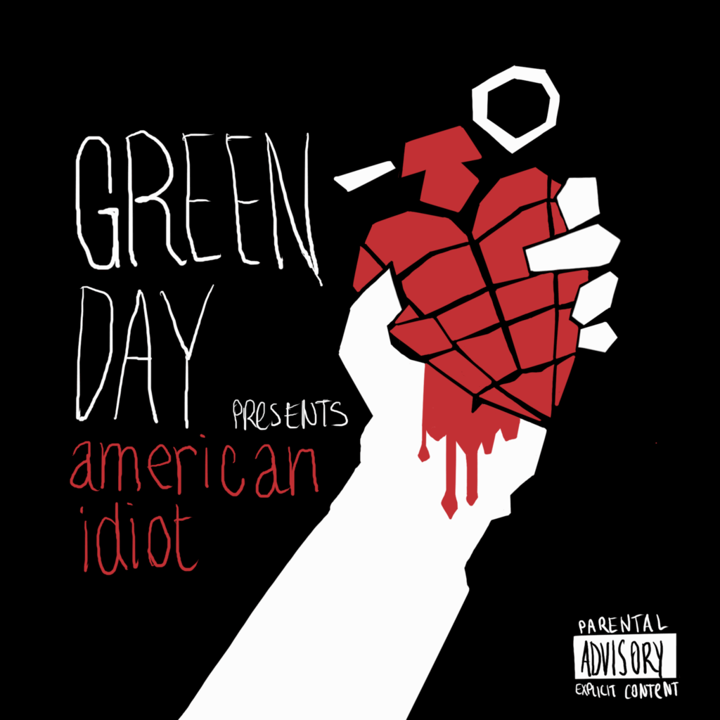 An illustrated rendering of American Idiot, the album by Green Day. A white hand and wrist, bloodied, holds a red heart-shaped grenade over a black background