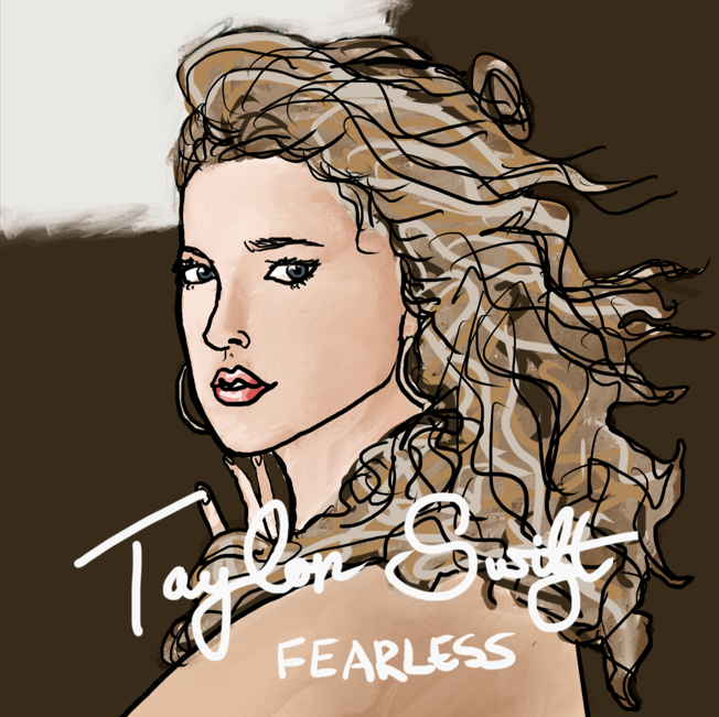 An illustration of Taylor Swift's Fearless International edition album cover. A young woman with wild blonde hair stands in front of a brown background looking towards the camera