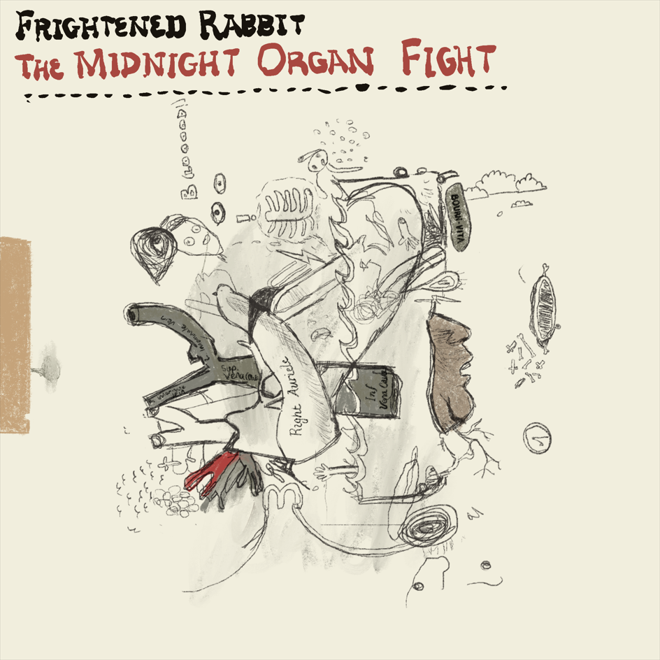 A drawing of Frightened Rabbit's Midnight Organ Fight. A surreal but rich set of drawings - some anatomical and incorporating the anatomy of the human heart, with some doodles of water, faces and male genitalia. Background is off-white and the title and name is written in black and red rext.