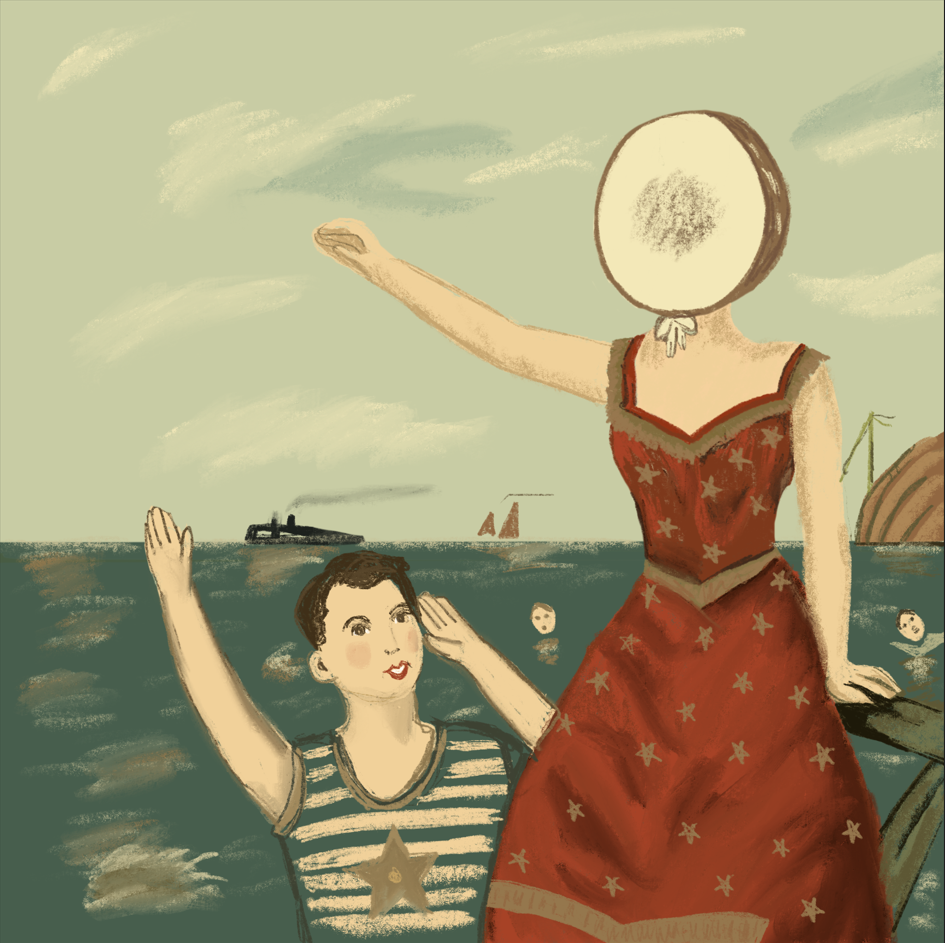 A drawing of the album cover of In the Aeroplane Over the Sea. it depicts a seeming nautical disaster in a Victorian drawing style. In the foreground, a woman with a drum for a head waves, with a young boy next to her who appears to smile at her. In the water are several figures.