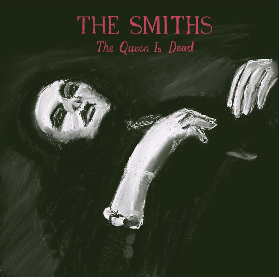 A drawing of the album cover The Queen is Dead by the Smiths. A man in what appears to be Elizabethan garb lies down in a black and white photograph, with a greenish tint. He looks up past the view of the camera. In pink writing above the name of the artist and album is written.