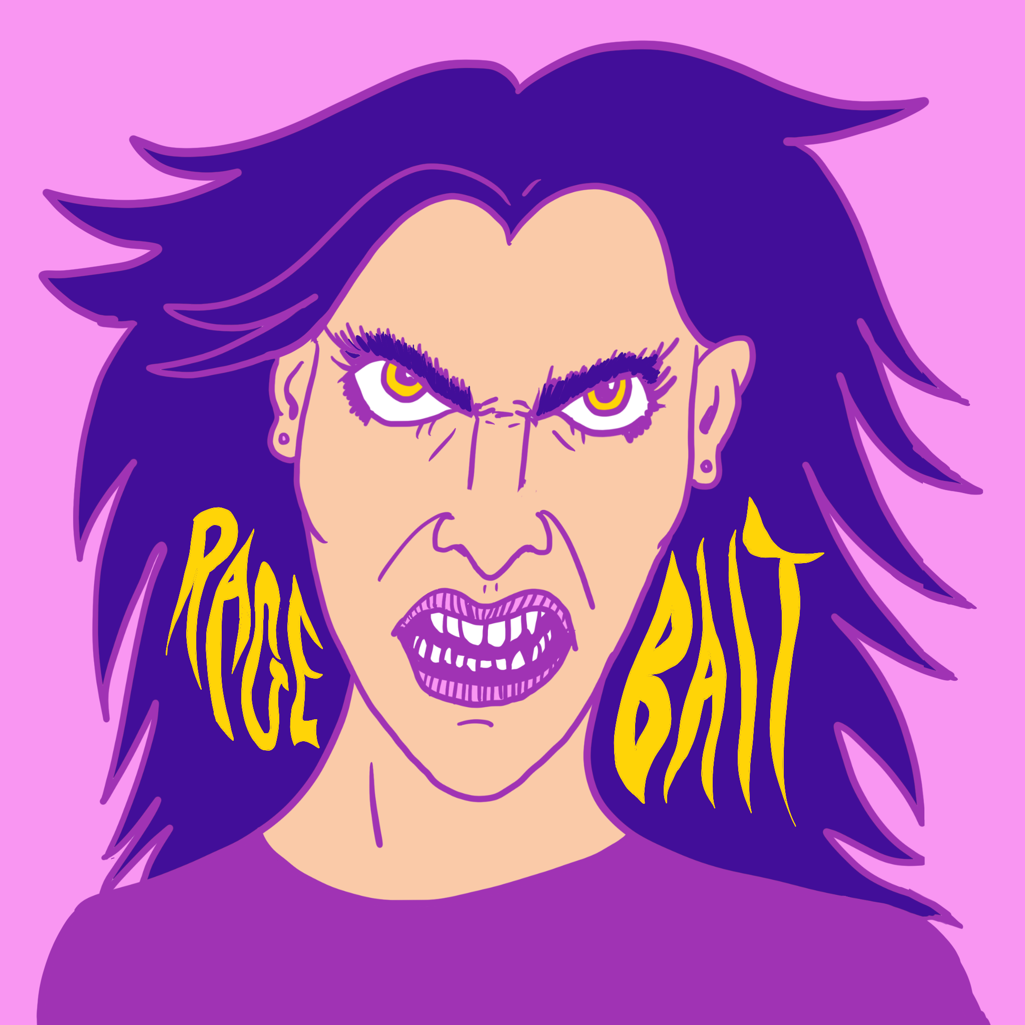 A stylised illustration of a woman angrily snarling at the viewer. The words "rage bait" are in her hair