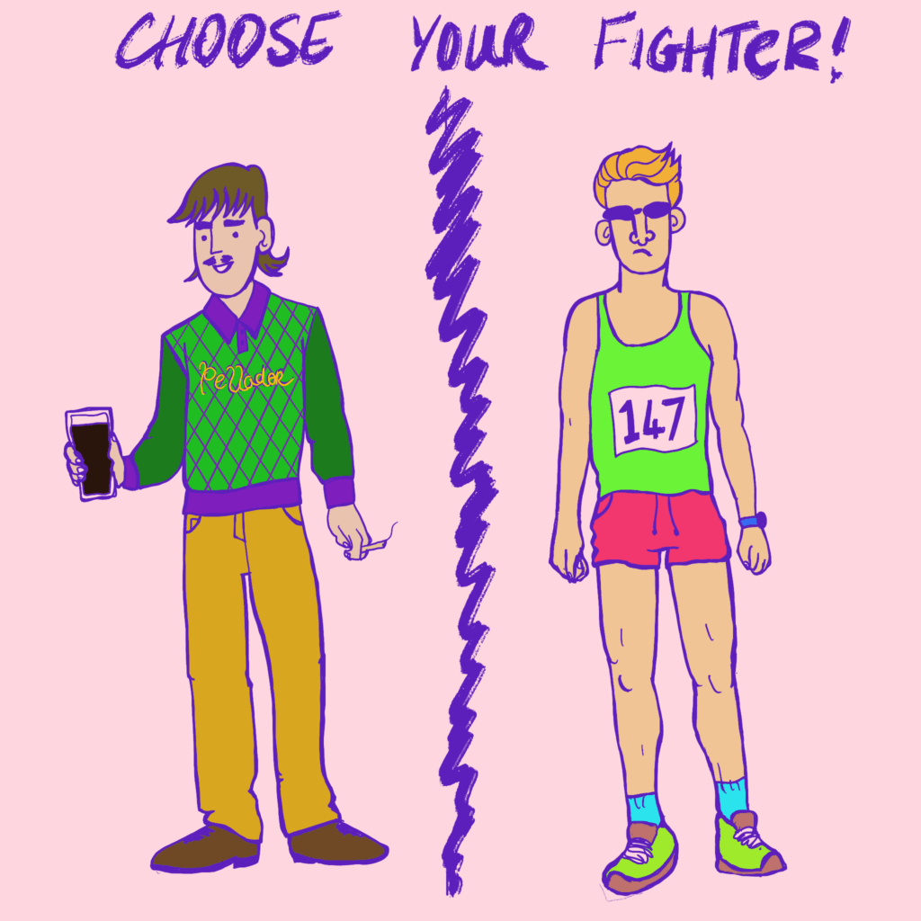 Headed with "Choose your Fighter", this drawing depicts, on the left, a man with a mullet holding a pint of Guinness and a rolled up cigarette. He is wearing a purple and green Pellador branded jumper. On the right, a man in wraparound sunglasses, quiffed blond hair, running gear and a race number.