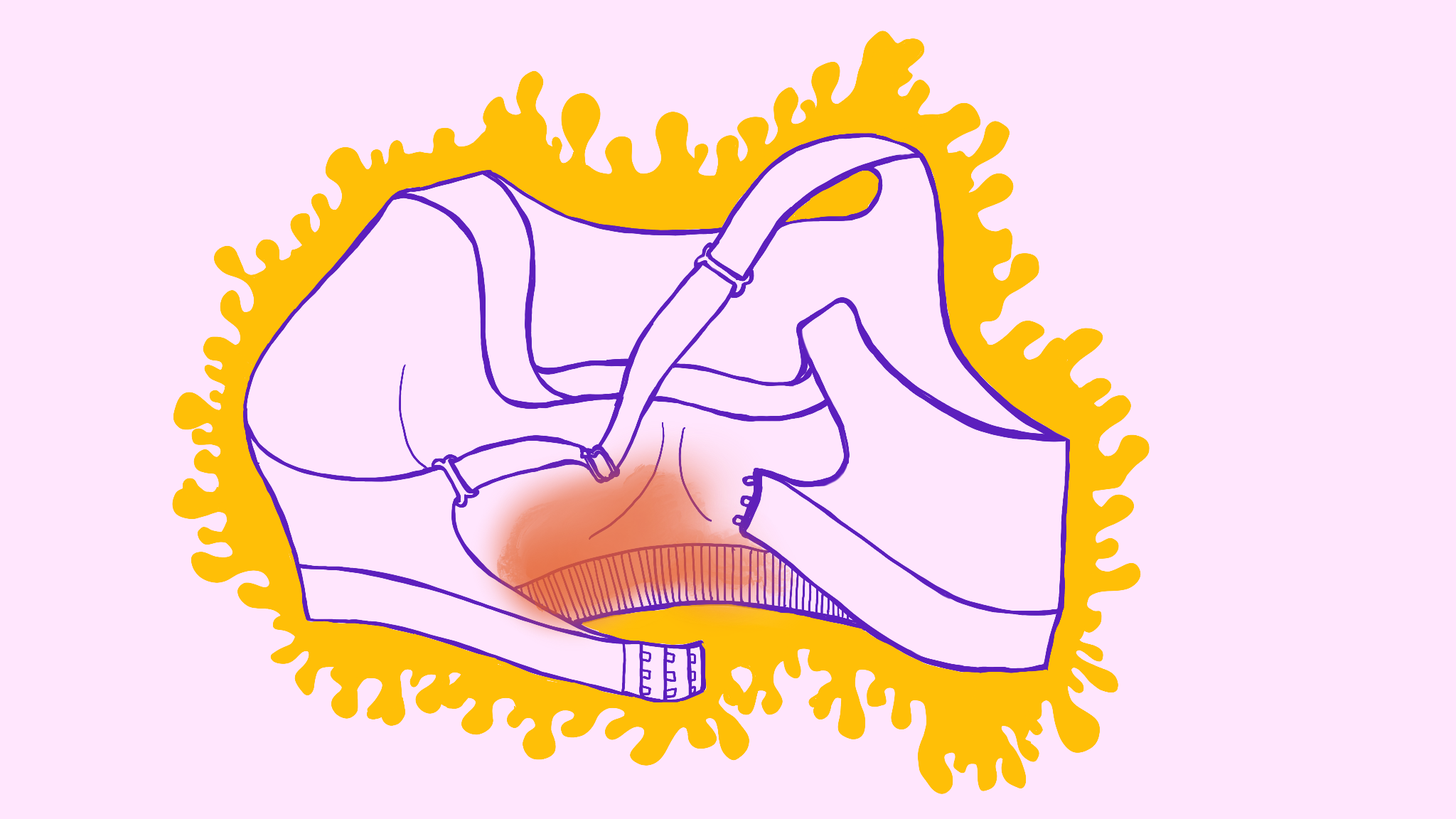 A drawing of a sports bra which has bloodstains along the band.