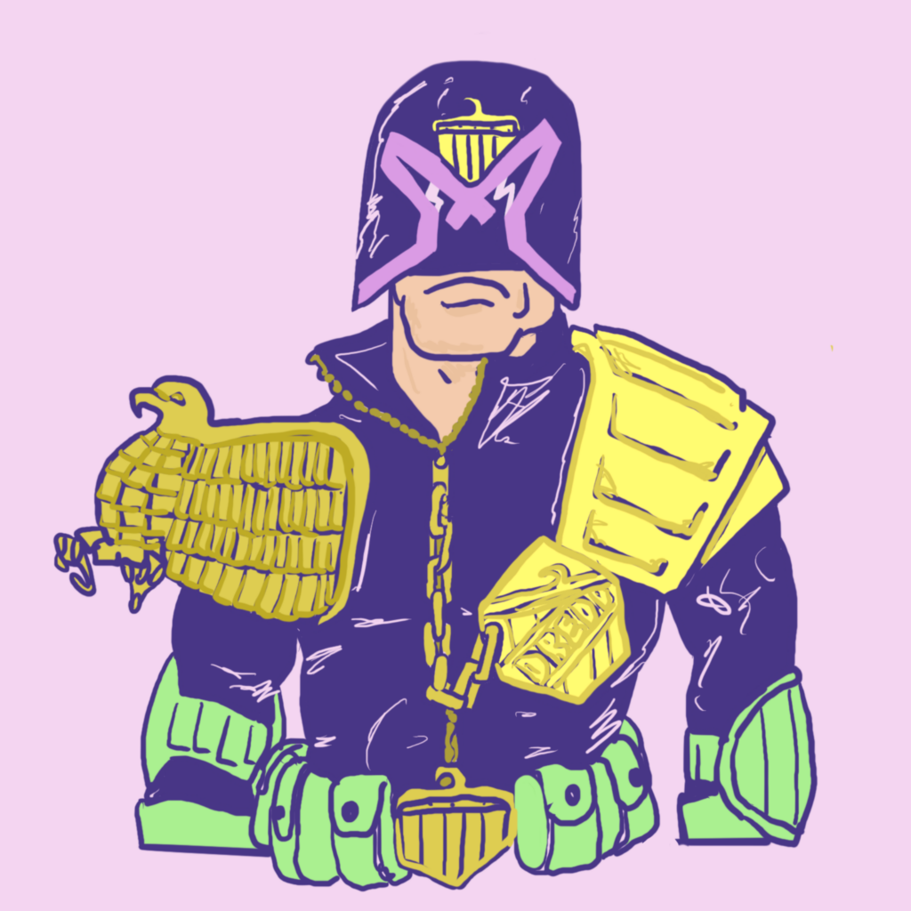 A drawing of Judge Dredd, from 2000AD comics. Instead of his normal red stripe on the helmet, he has a pink one. His green gloves, elbow pads and belt are a cuter, more pastel shade of green.
